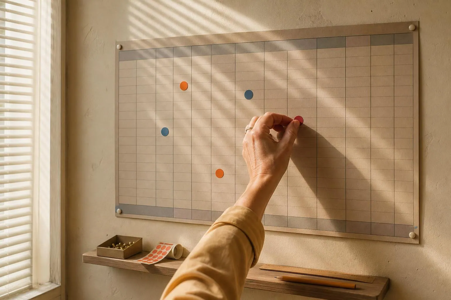 Un planning mural annuel accroche dans un bureau de CCAS, une main y pose une pastille de couleur au niveau des mois d ete