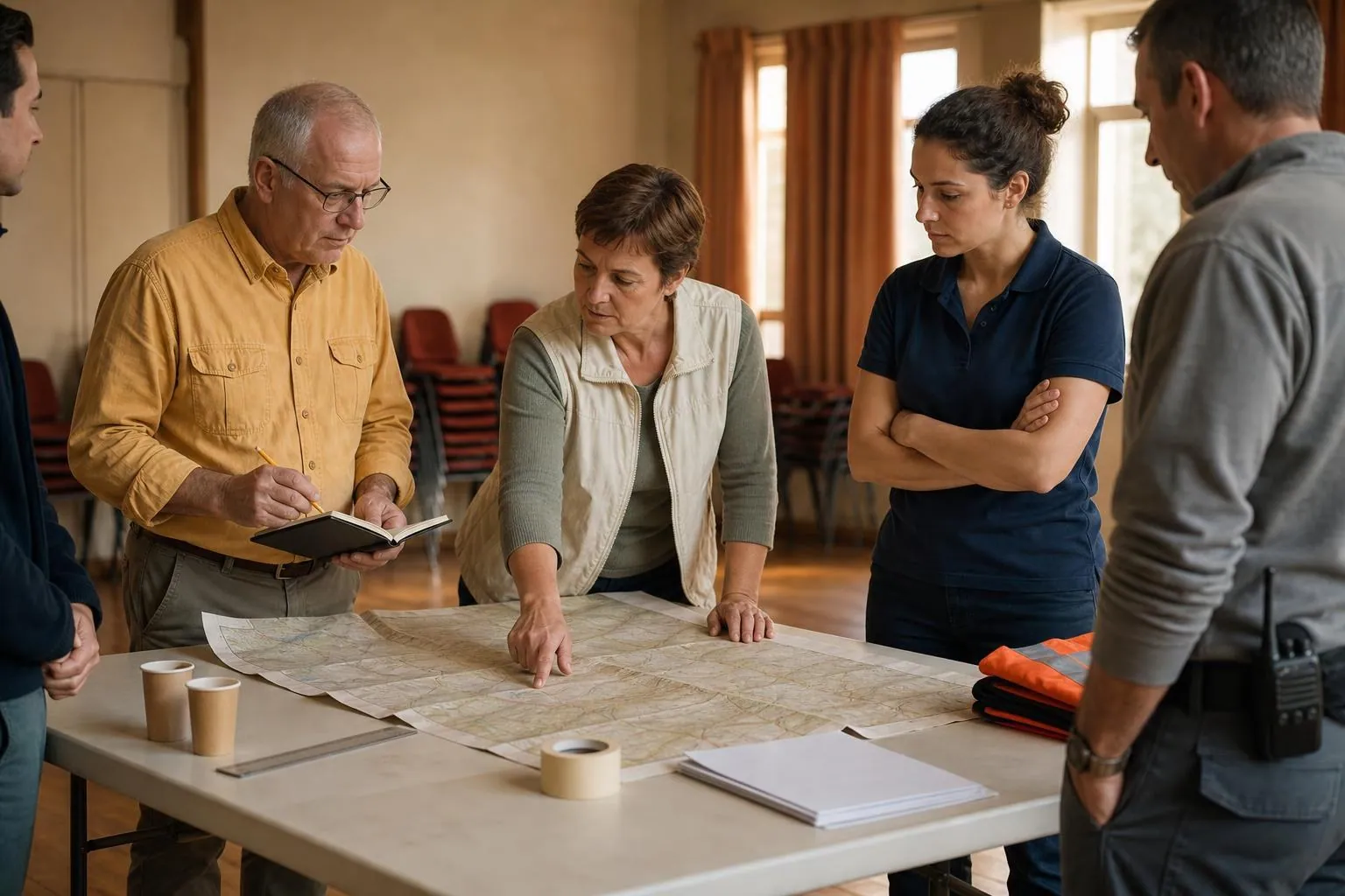 Cinq agents et elus debout autour d une grande carte papier depliee sur une table de salle polyvalente pendant un exercice de sauvegarde