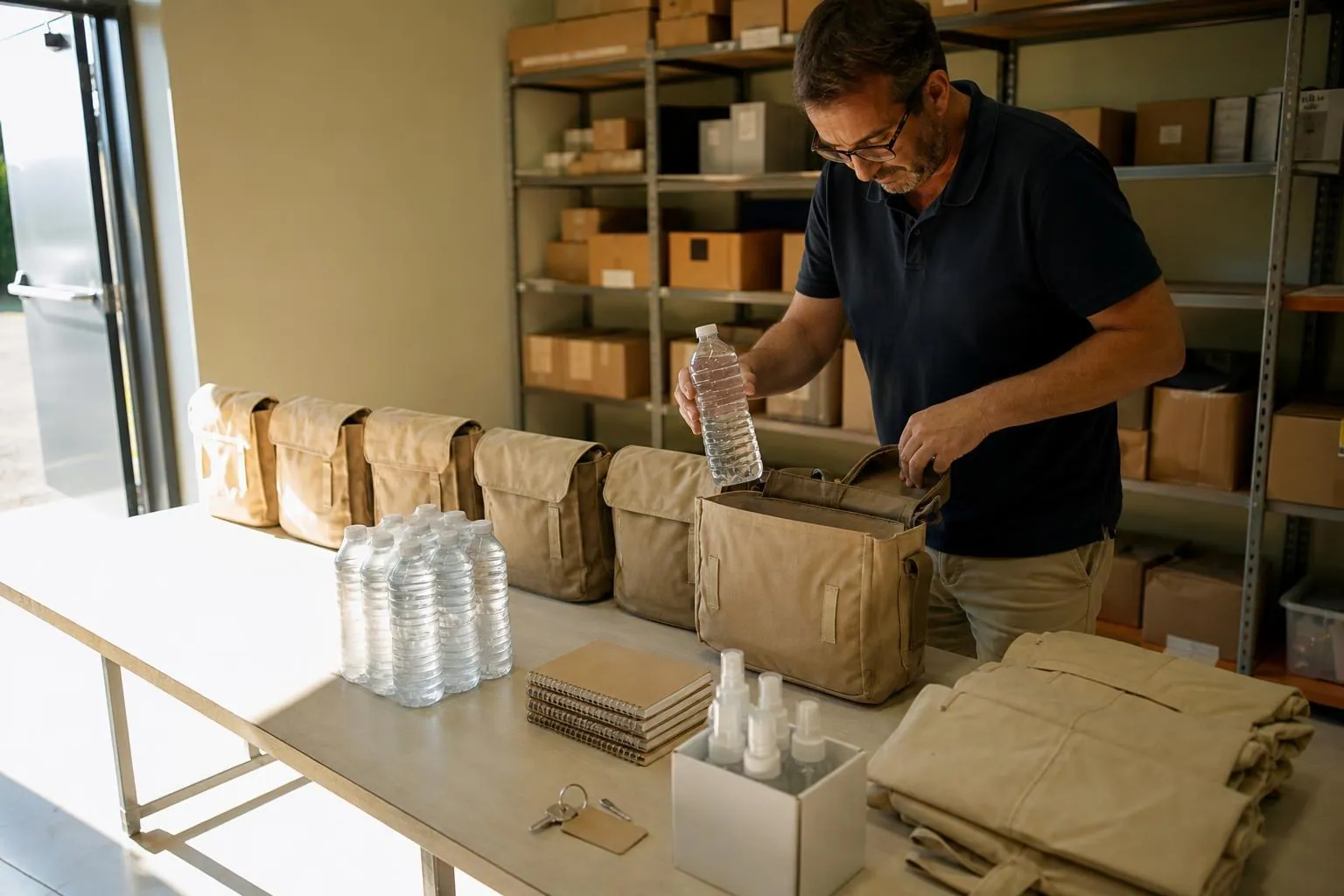 Un agent du CCAS prepare des sacoches de visite dans un local communal, bouteilles d eau et carnets alignes sur une table avant la saison