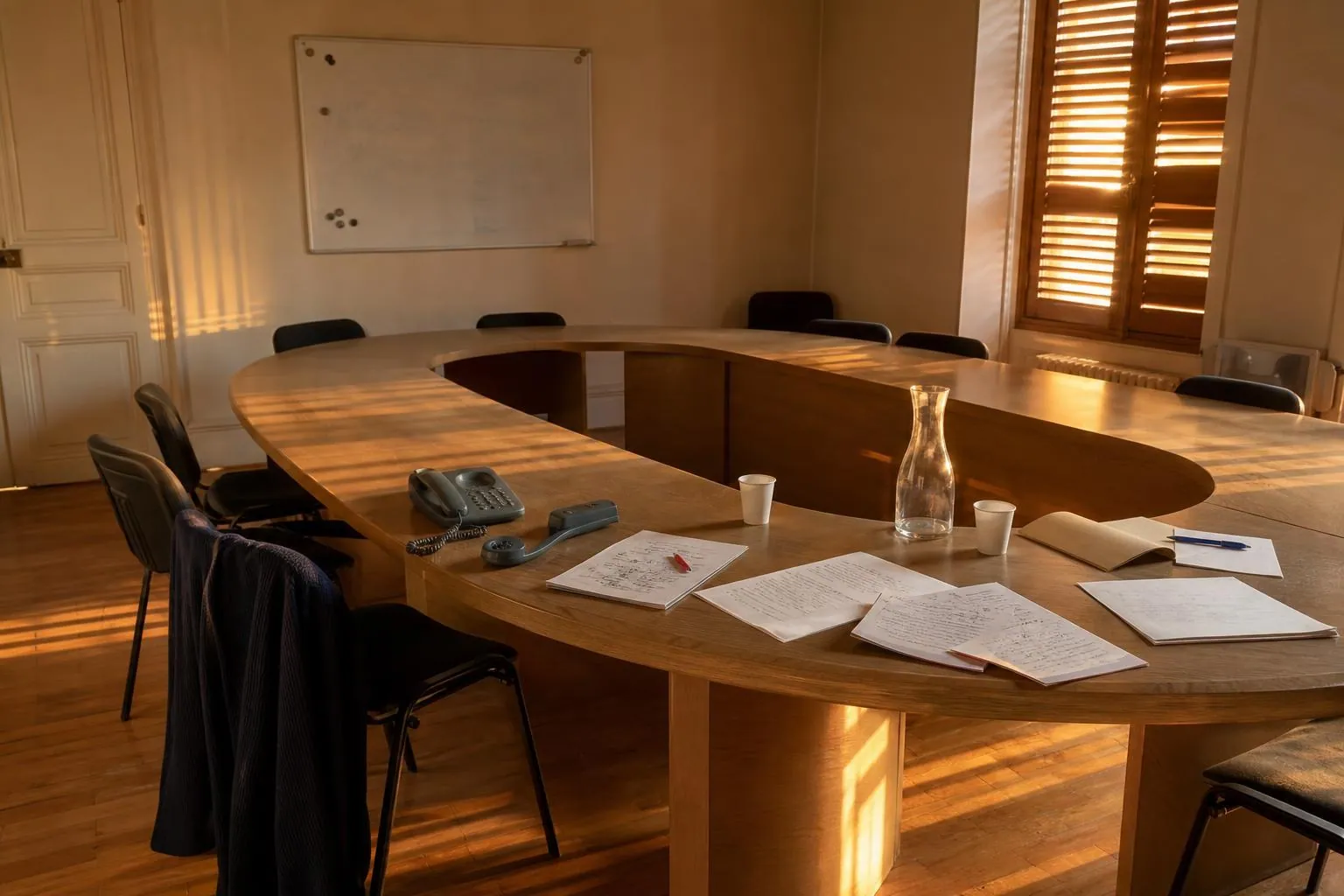 Une salle de conseil municipal en fin de journee, chaises repoussees et listes papier annotees abandonnees sur la table apres une permanence d appels