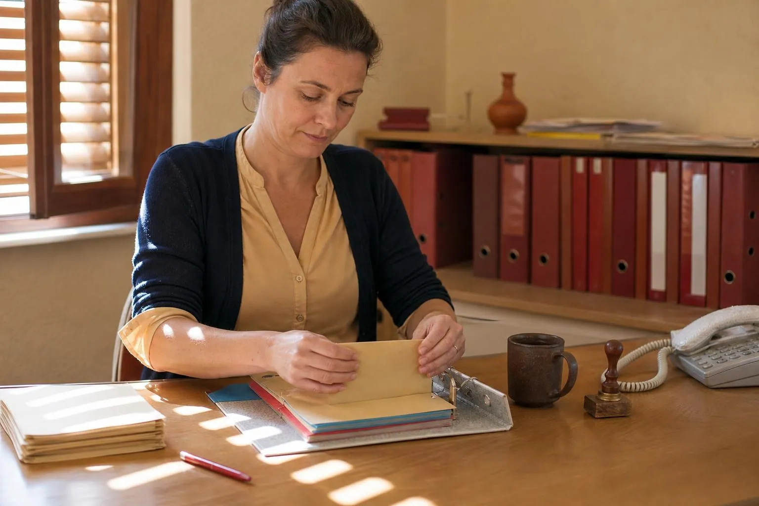 Une agente de mairie assise a son bureau classe des fiches cartonnees de registre dans un classeur a intercalaires, telephone fixe a portee de main