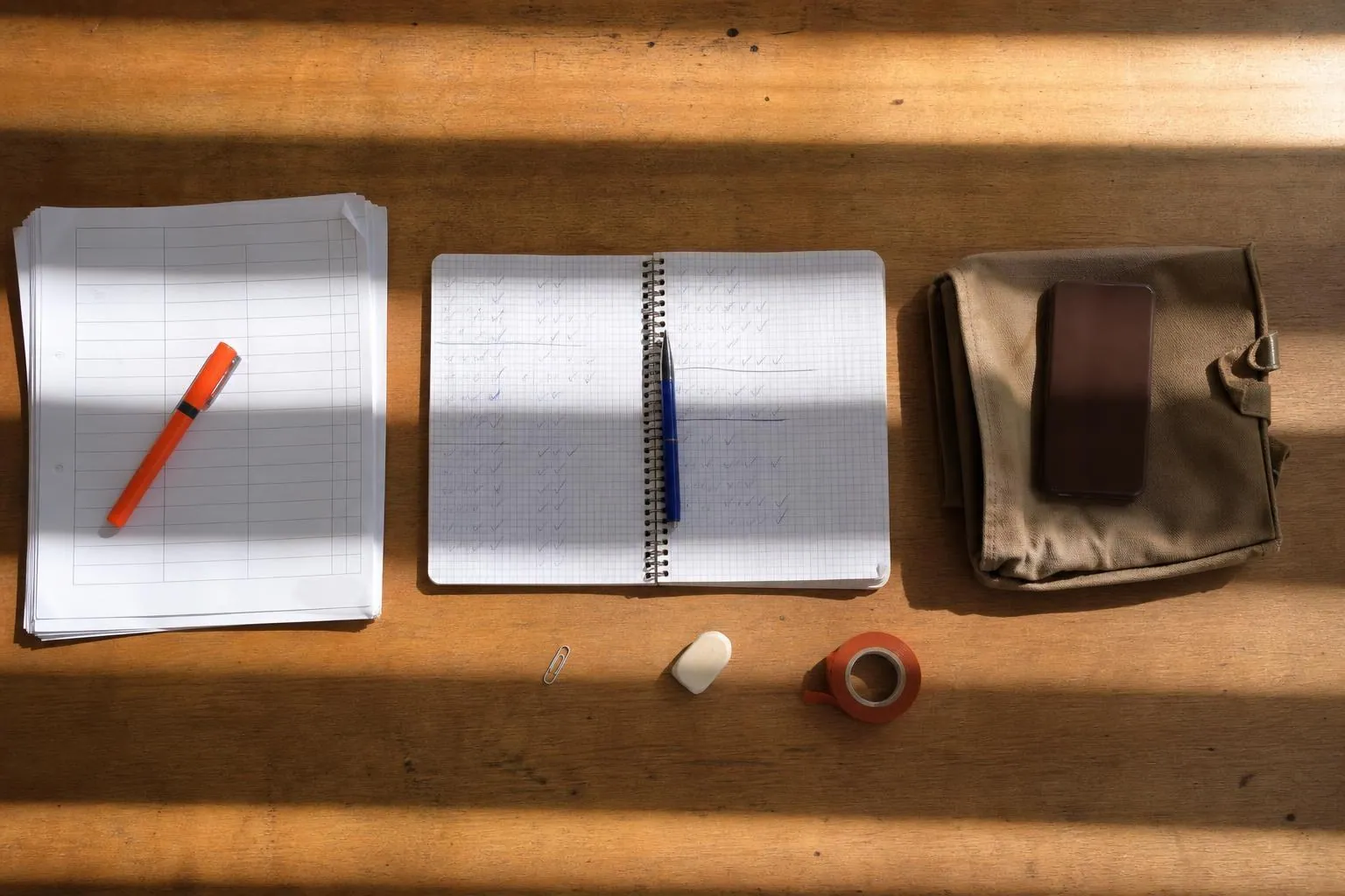 Trois supports de travail poses cote a cote sur une table de mairie: une pile de listes papier, un cahier de suivi ouvert et un telephone portable retourne