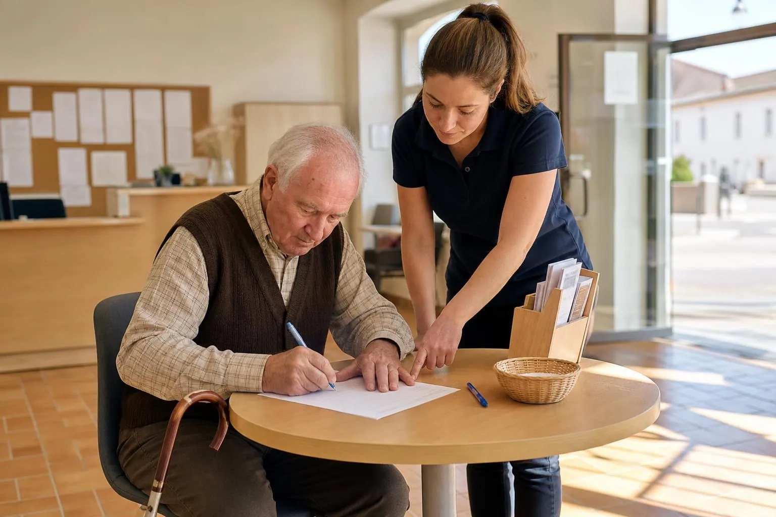 Un homme age assis a une table basse dans le hall d une mairie remplit un formulaire papier d inscription pendant qu une agente lui indique une case du doigt