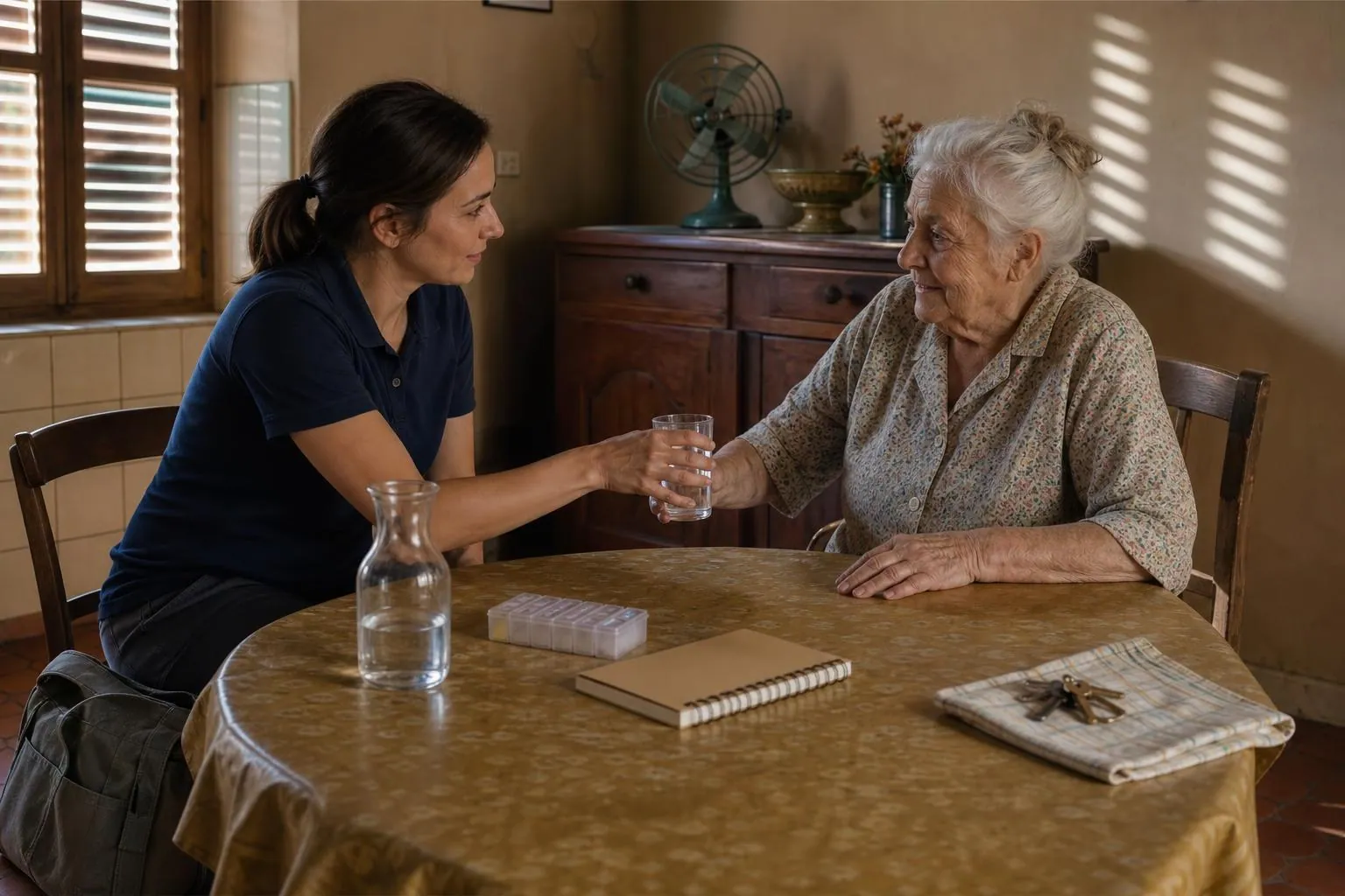 Une agente du CCAS assise a la table de cuisine d une femme agee lui tend un verre d eau pendant une visite a domicile, volets mi clos