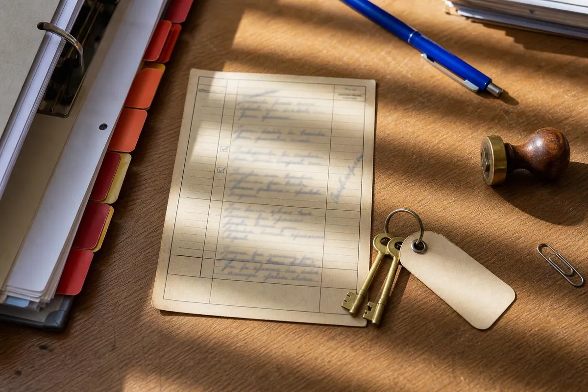Gros plan d’une fiche cartonnée de registre annotée au stylo, d’un trousseau de clés muni d’une étiquette cartonnée et d’un classeur à intercalaires sur un bureau en bois