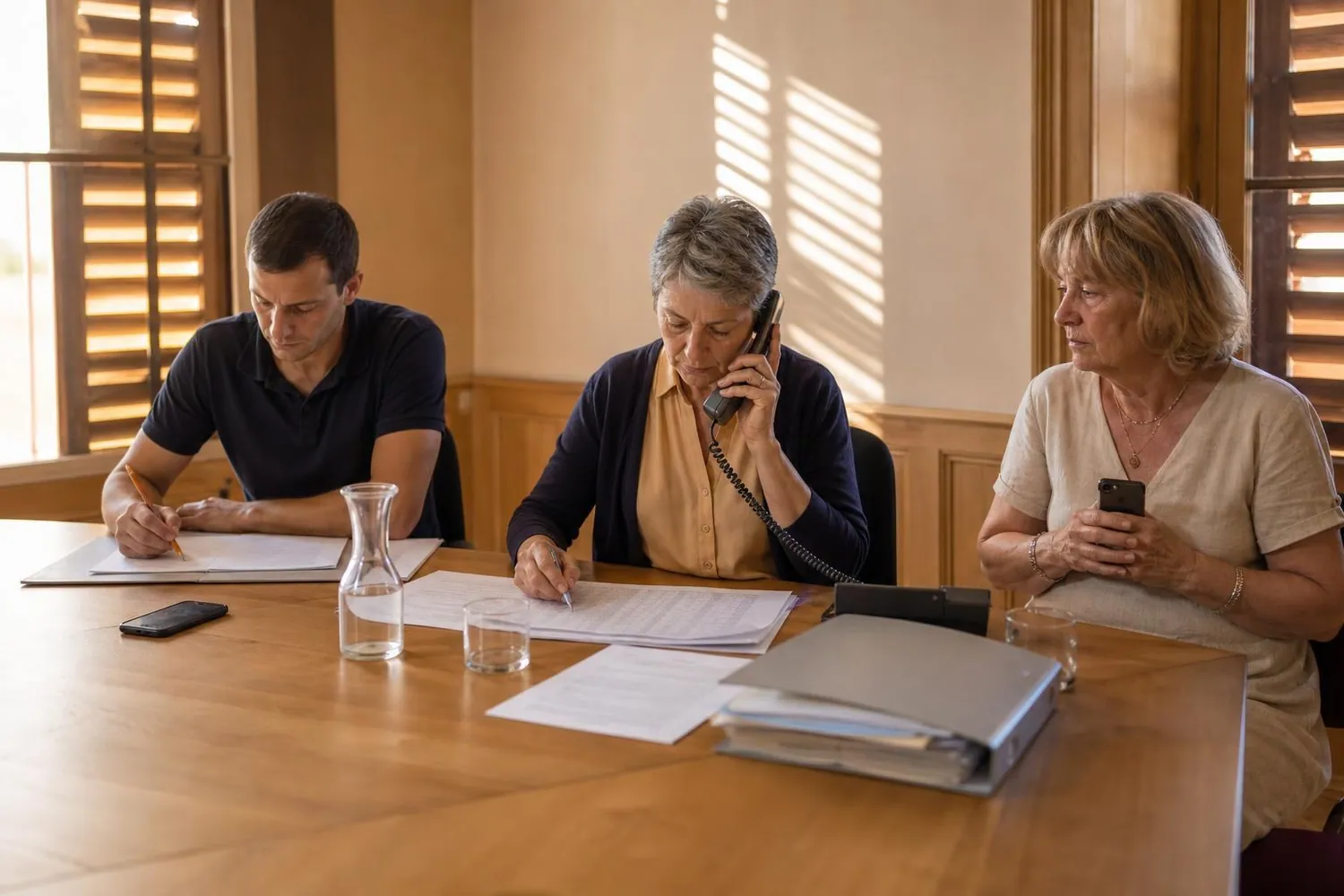 Une femme au téléphone et deux agents assis autour d’une grande table de salle du conseil municipal, listes papier et téléphones portables posés devant eux