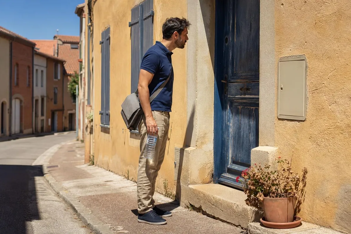 Un homme en polo clair, sacoche à l’épaule et bouteille d’eau à la main, attend devant la porte d’une maison de bourg aux volets de bois clos, en plein soleil